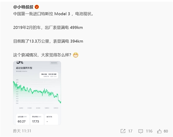 中国第一批进口特斯拉Model 3电池现状：跑了13.3万公里 如今满电表显394km